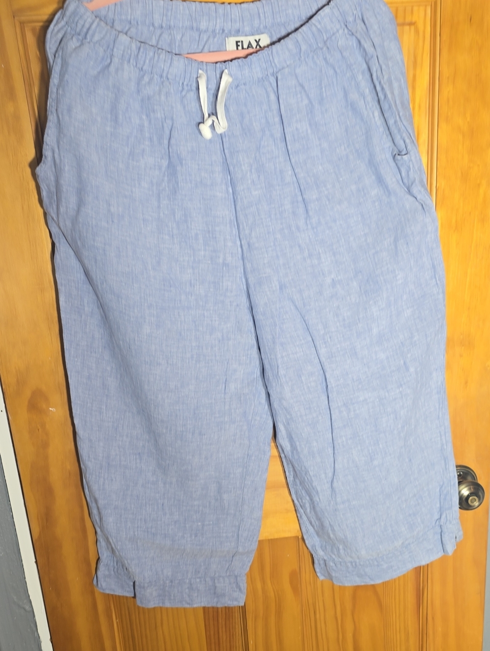 Flax Light Blue Linen Cropped Drawstring Pants Medium Loose Pants